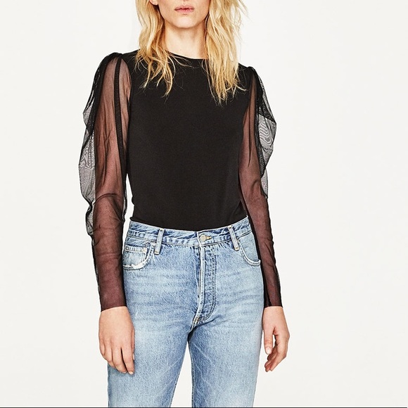 Zara Tops Zara Bodysuit With Tulle Puffed Sleeves Poshmark